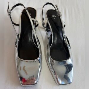 Zara Metallic Silver Slingback shoes heels size 8 Eur 39